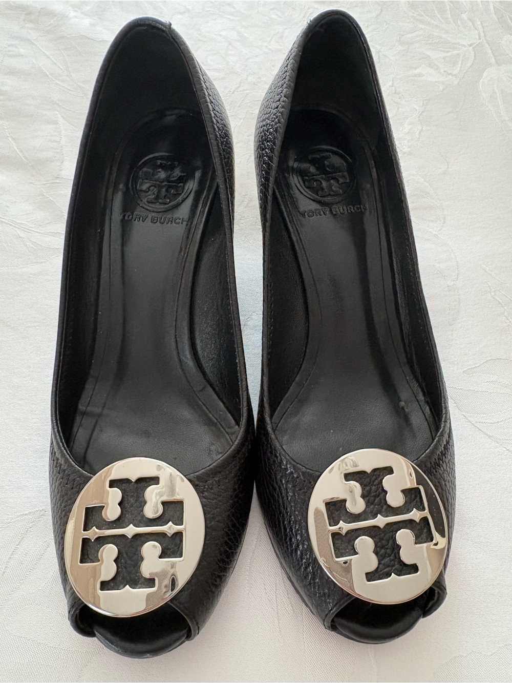 Tory Burch Sally-style peep-toe wedge/pumps